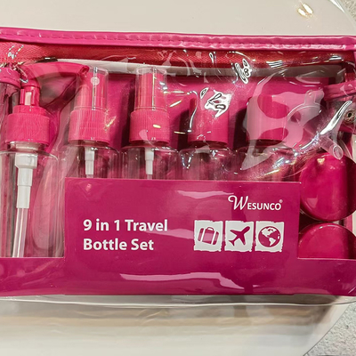 Set da viaggio in plastica da 9 pezzi da 60 ml, set di bottiglie con borsa con cerniera, contenitore per cosmetici, lozione, pompa, spray, bottiglia con tappo a ribalta