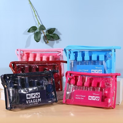 Set da viaggio in plastica da 9 pezzi da 60 ml, contenitore per bottiglie, lozione, pompa, spray, flacone con tappo a ribalta, barattolo, riutilizzabile