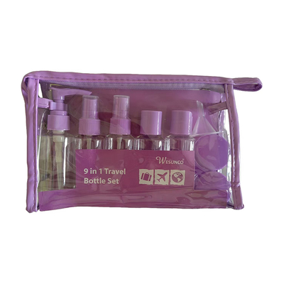 Set da viaggio in plastica da 9 pezzi da 60 ml, contenitore per bottiglie, lozione, pompa, spray, flacone con tappo a ribalta, barattolo, riutilizzabile