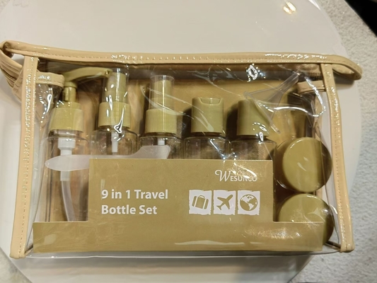 Set da viaggio in plastica da 9 pezzi da 60 ml, contenitore per bottiglie, lozione, pompa, spray, flacone con tappo a ribalta, barattolo, riutilizzabile